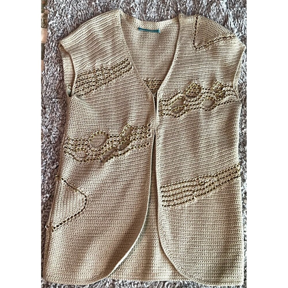 Alice & Olivia Sandra Chain Crochet Shrug Vest Beige & Gold 100% Cotton Womens S
